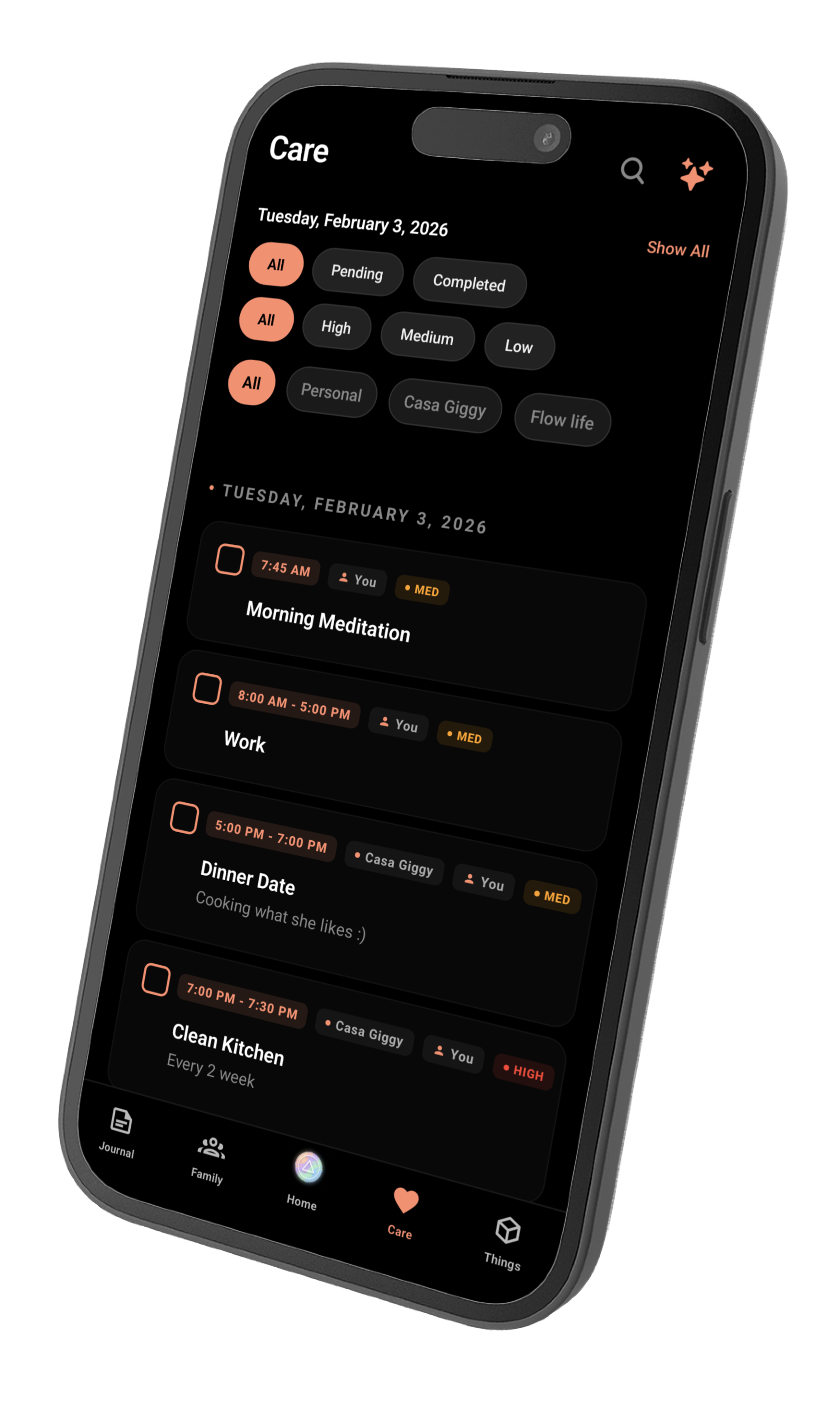 Rivulet Care screen, shared household chore tracker for couples and flatmates