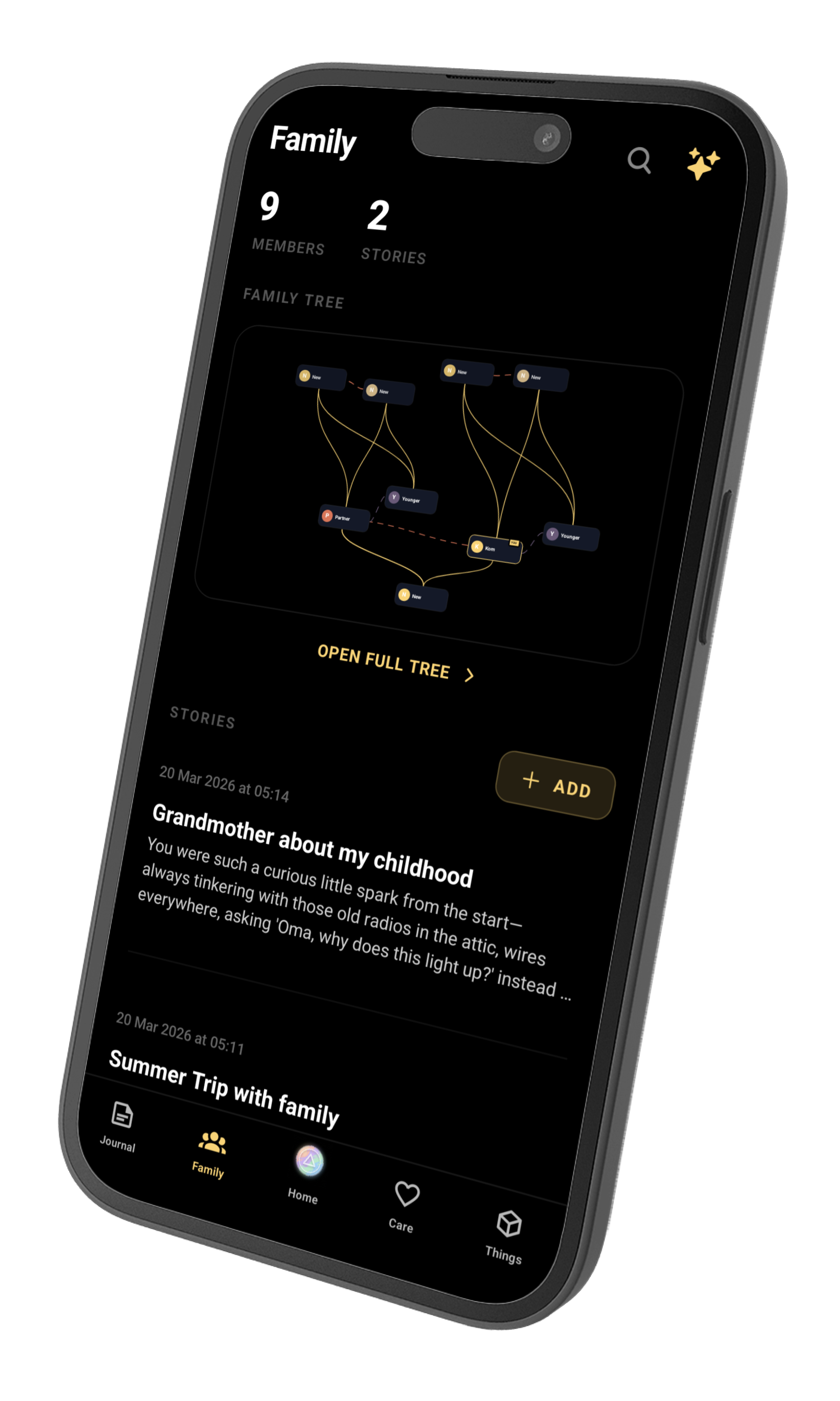 Rivulet Family screen, visual family tree builder with stories and memories