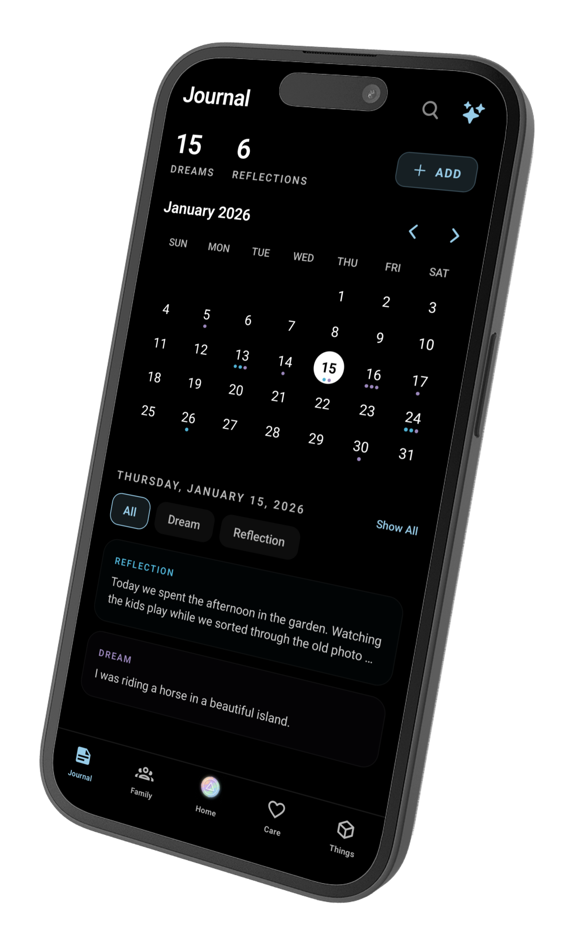 Rivulet Journal screen, daily reflections, mood tracking and dream logging